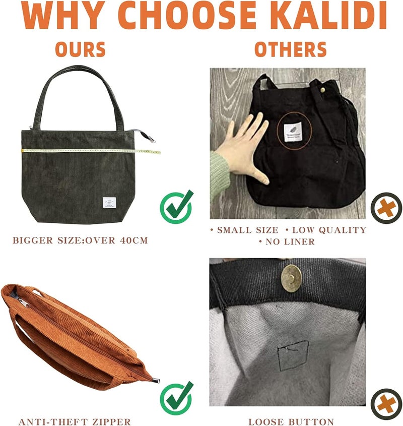 KALIDI FANCY FOREST KALIDI Women Corduroy Tote Bag Zipper Casual Tote's Handbag Big Capacity Shoulder Bag with Pockets - Image 4